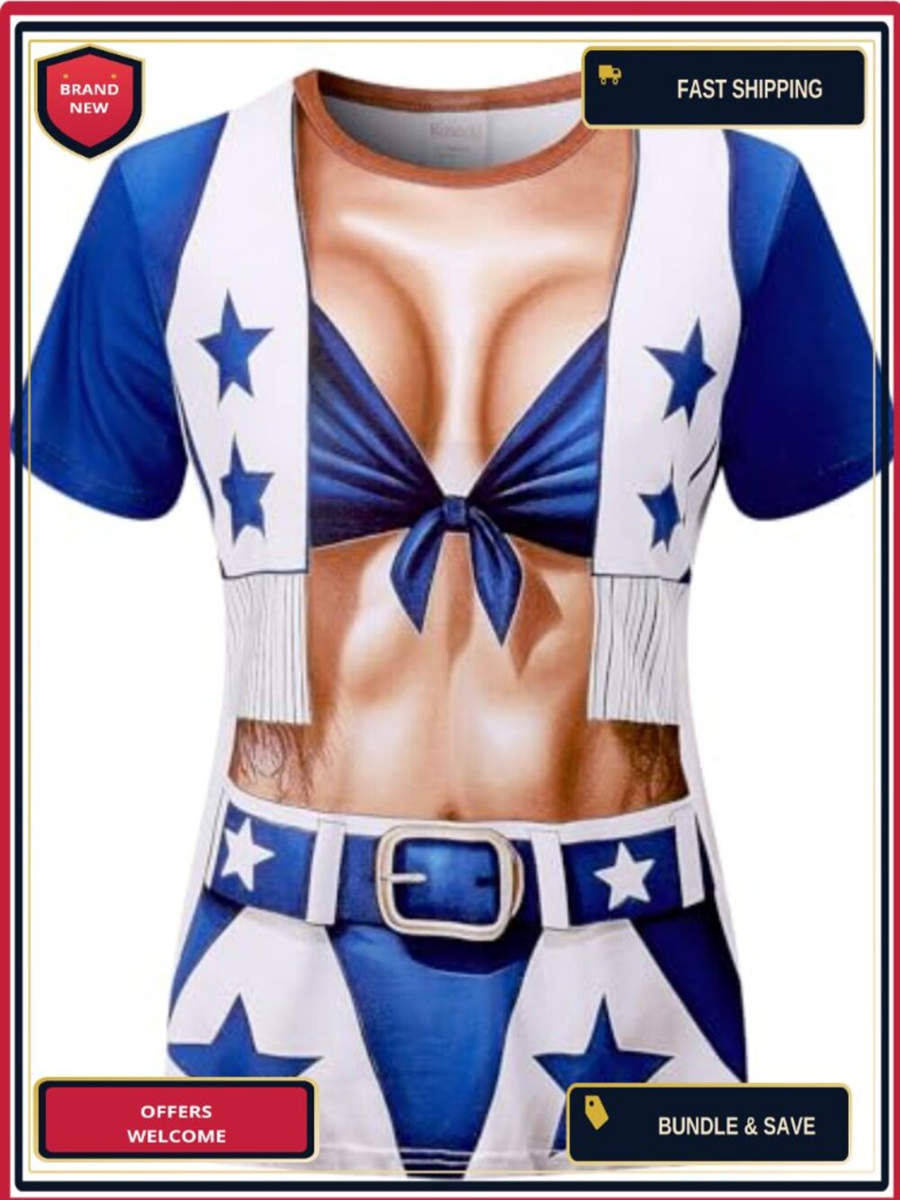 Womens Cowboy Cheerleader Costume T-Shirt Short Sleeve Halloween Party Tee